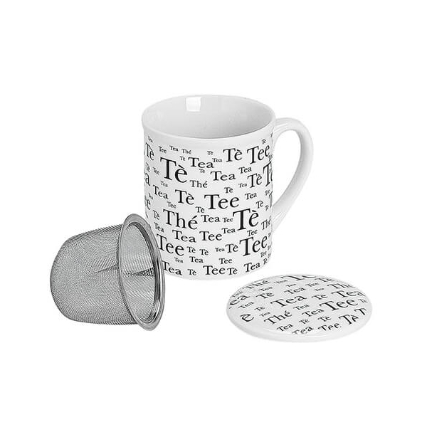 Mug en porcelaine avec l'inscription Tea Time, infuseur et couvercle, 250ml – idéal pour une pause thé élégante.


