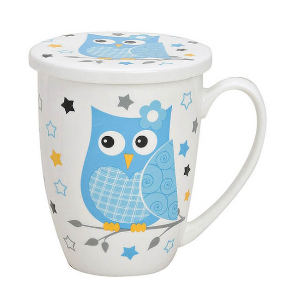 Tea mug with owl motif, lid and metal strainer, made of porcelain, 300ml, blue, ideal for stylish tea enjoyment.