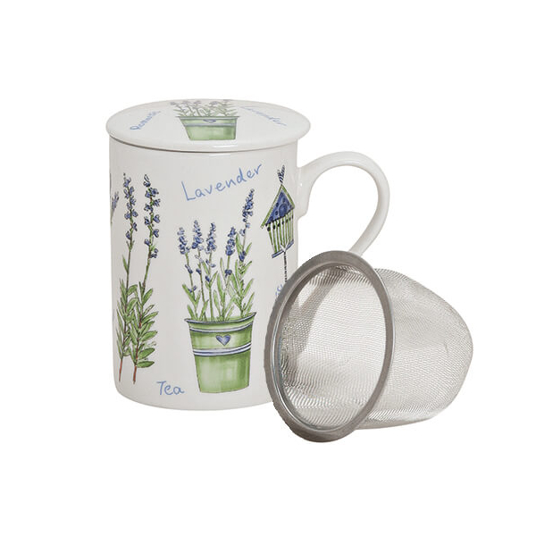 Tasse Lavande avec couvercle et tamis en métal, en porcelaine, design 1, 250ml