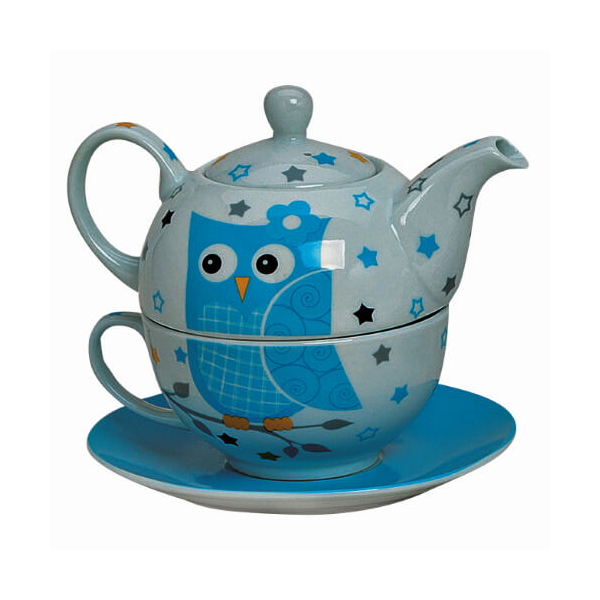 Teekanne Eule - mit Tasse und Untertasse - aus Porzellan - 3-teilig - blau