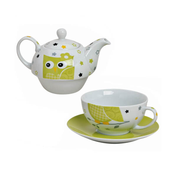 Teekanne Eule - mit Tasse und Untertasse - aus Porzellan - 3-teilig - gruen