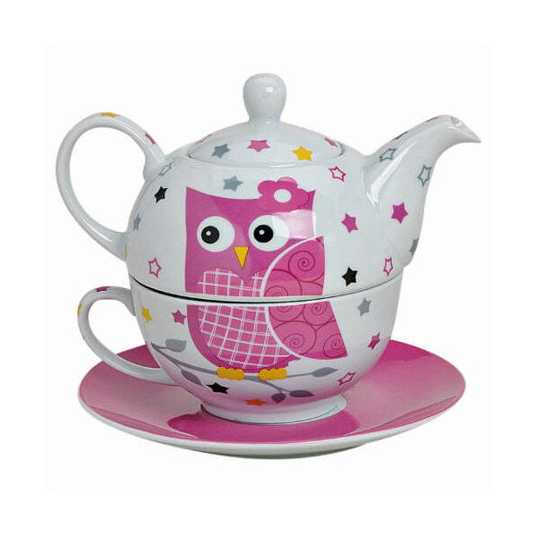 Teekanne Eule - mit Tasse und Untertasse - aus Porzellan - 3-teilig - rosa