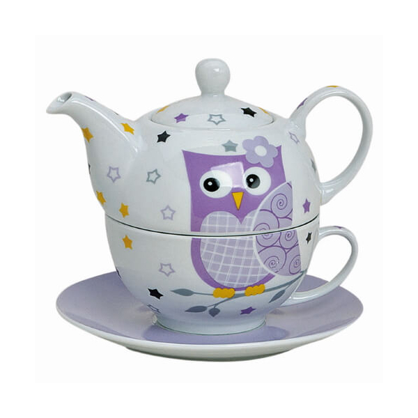 Teekanne Eule - mit Tasse und Untertasse - aus Porzellan - 3-teilig - violett