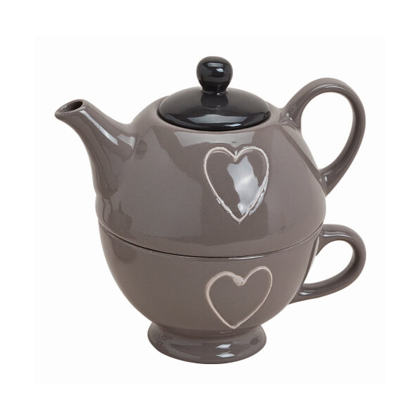 Teekanne Herz Dekoration - mit Tasse - aus Porzellan - 2-teilig - dunkelbeige