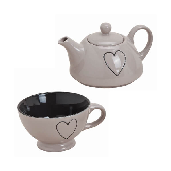 Teekanne Herz Dekoration - mit Tasse - aus Porzellan - 2-teilig - hellbeige