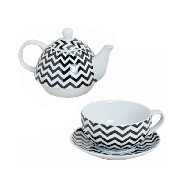 Teekanne Retro - mit Tasse und Untertasse - aus Porzellan - 3-teilig - Muster gezackt