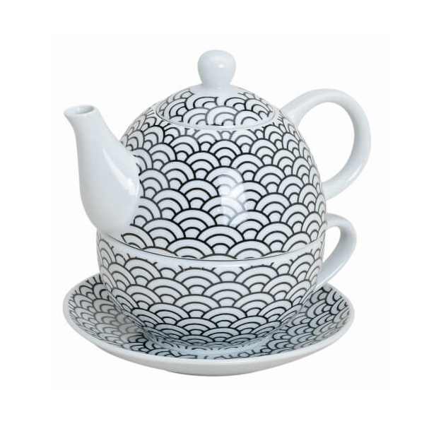 Teekanne Retro - mit Tasse und Untertasse - aus Porzellan - 3-teilig - Muster halbrund