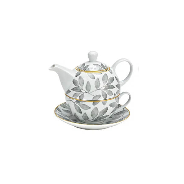 Set de thé élégant en porcelaine avec motif de feuilles, comprenant une théière et une tasse sur une sous-tasse, idéal pour une dégustation de thé stylée.

