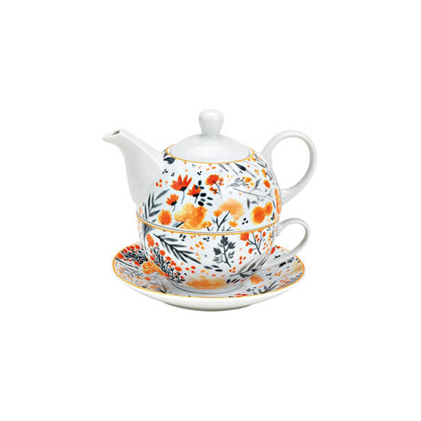 Théière en porcelaine avec tasse et soucoupe, ornée d'un décor floral vibrant, idéale pour des heures de thé élégantes.