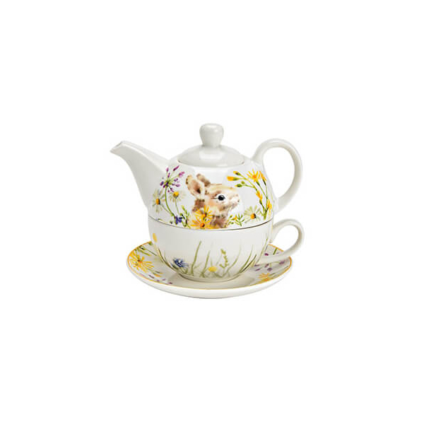 Ensemble à thé en porcelaine avec charmant décor de lapin, comprenant une théière, une tasse et une soucoupe, idéal pour des cérémonies de thé élégantes.