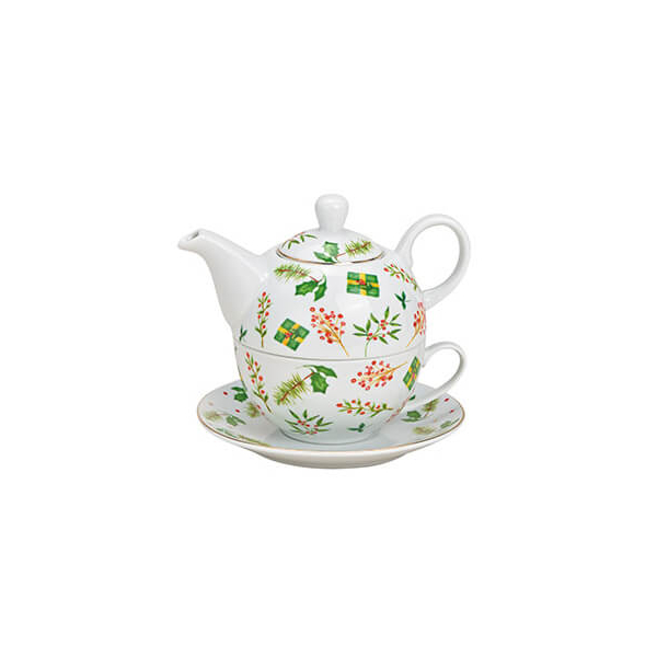 Théière en porcelaine avec tasse et soucoupe assorties, décorée d'un motif floral de Noël, idéale pour les occasions festives.


