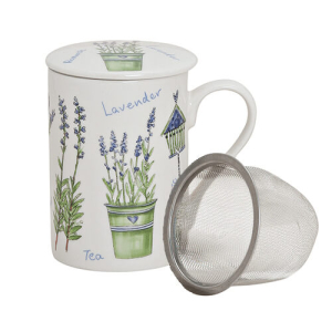 Teebecher Lavendel mit Deckel und Metallsieb - aus Porzellan - Design 1