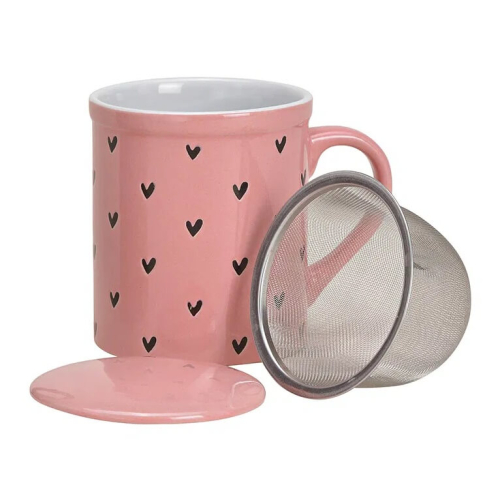 Teebecher Herz-Dekor Keramik Rosa mit Metallsieb 340 ml