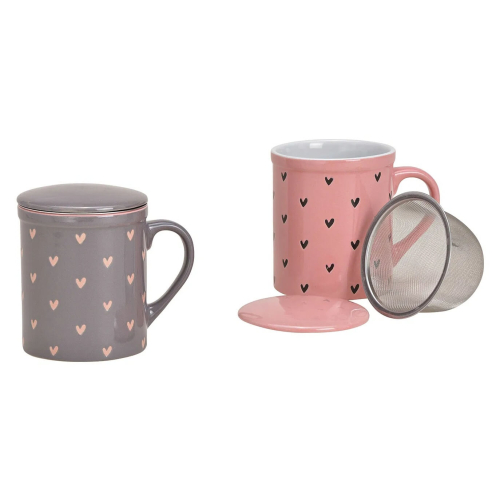 Teebecher 2er-Set Herz-Dekor Keramik Pink und Grau mit Metallsieb 340 ml