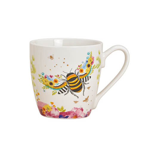 Tazza in porcellana bianca con vivace decoro di api e fiori, 400ml – unica nel suo genere per gli amanti della natura.