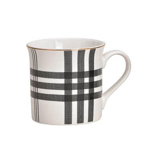 Tasse kariert - aus Porzellan - weiss / schwarz / gold - 300ml - Design 1
