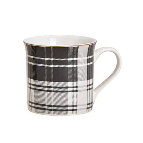 Tasse kariert - aus Porzellan - weiss / schwarz / gold - 300ml - Design 2