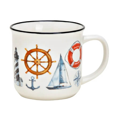 Tazza in porcellana bianca con motivi marittimi come ancora, veliero e remo, 330ml, ideale per gli amanti del mare.