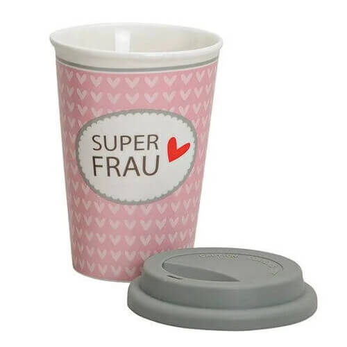 Becher to go - Super Frau - aus Porzellan - 14 cm - 350ml