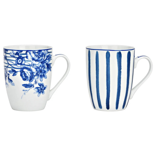 Set of 2 porcelain mugs in blue with striped and floral design on white porcelain