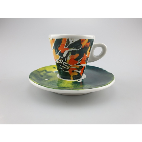 Flora espresso cup with a dynamic and colourful floral pattern on a colour-coordinated saucer, reflecting cheerfulness and nature