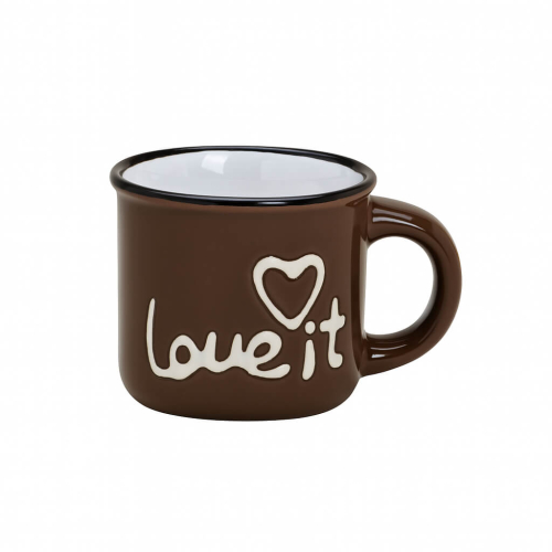 Piccola tazzina da espresso in ceramica marrone cioccolato con scritta bianca ‘love it’ e motivo a cuore – tazza elegante per caffè, espresso o idee regalo