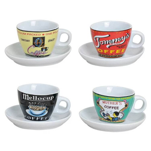 Set of four Vintage Coffee espresso cups with saucers made of porcelain, 5 cm, in various retro designs that combine nostalgic charm and stylish coffee enjoyment.