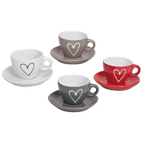 Assorted set of four espresso cups with saucers in white, taupe, grey and red, each with an elegant heart design, made of ceramic and 5 cm tall.