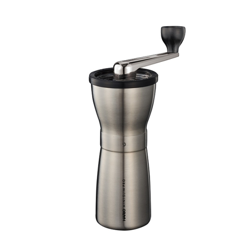 Hario Mini Slim Pro hand grinder in silver, for freshly ground coffee.
