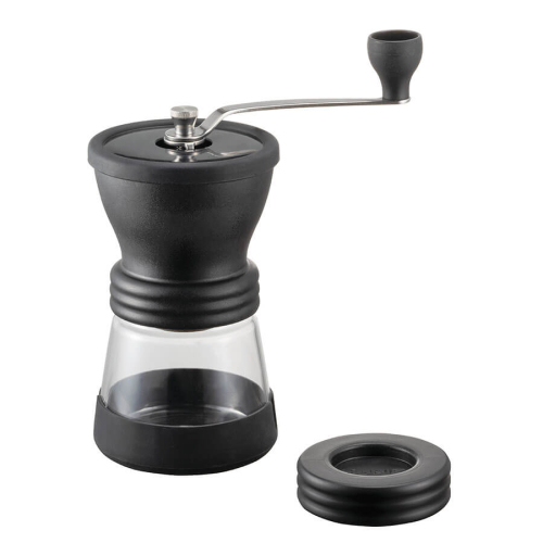 Hario Ceramic Coffee Mill Skerton N with black lid and heatproof glass bowl.