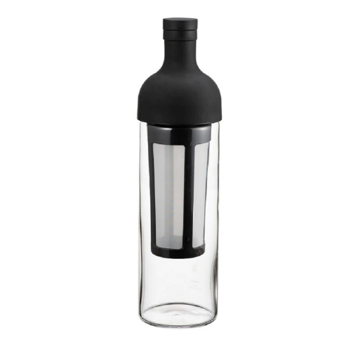 Bottiglia Hario Cold Brew Coffee Filter, 650 ml, con tappo in silicone nero e filtro integrato.