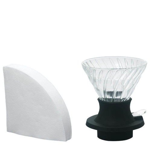 Hario filtro da caffè ad immersione SWITCH 02 con filtro in vetro e base in silicone nero.