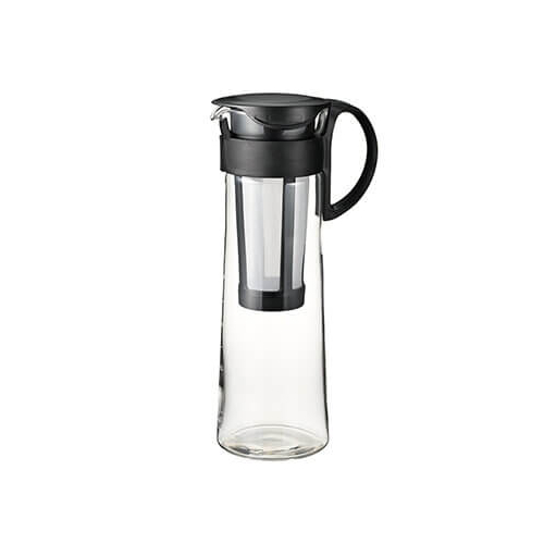 Hario Mizudashi Cold Brew Coffee Pot nero, 600ml, presentazione del prodotto con filtro integrato.