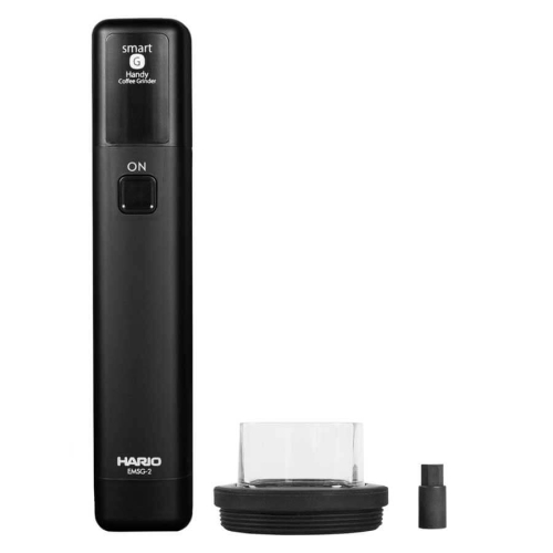 Hario Mobile Mill Stick, black, with adapter components for connecting to a Comandante grinder.