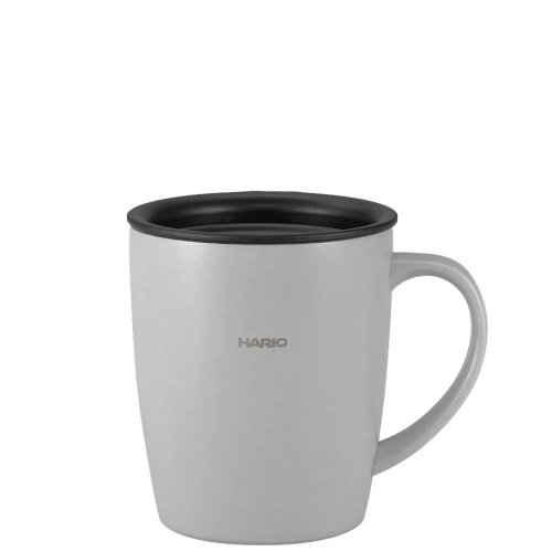 Tasse isotherme Hario avec couvercle 300 ml grise vue frontale avec logo Hario