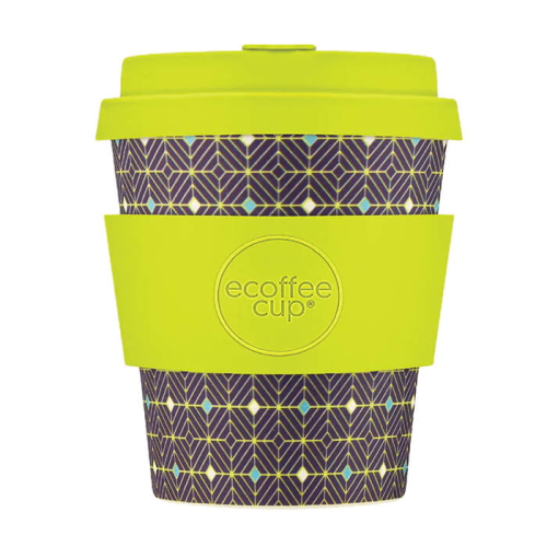 Reusable Ecoffee Cup coffee cup in Hubertus Primus design, 240ml capacity with bright green lid and sleeve.