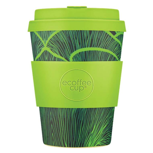 350ml Ecoffee Cup Bloodwood mit grünem Blattmuster, perfekt für Naturfreunde und umweltbewusste Kaffeetrinker, bei beanarella