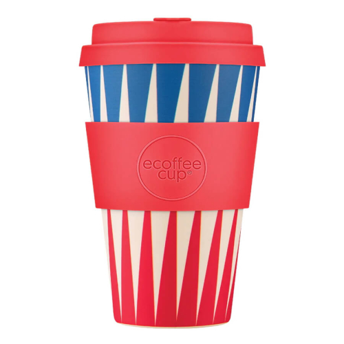 400ml Ecoffee Cup Dale Buggins in red, blue and white, colourful and dynamic coffee cup, at beanarella