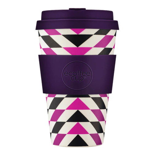 400ml Ecoffee Cup Fancy Wang mit geometrischem Muster in Schwarz, Weiss und Pink, für trendbewusste Kaffeetrinker, bei beanarella