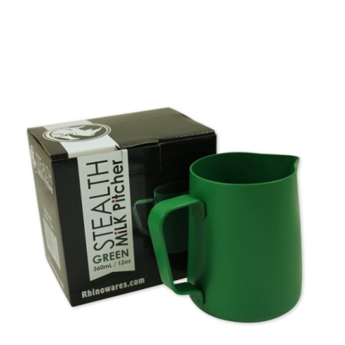 Rhinowares milk pitcher in stainless steel, green, with non-stick coating, 360 ml, ideal for latte art.