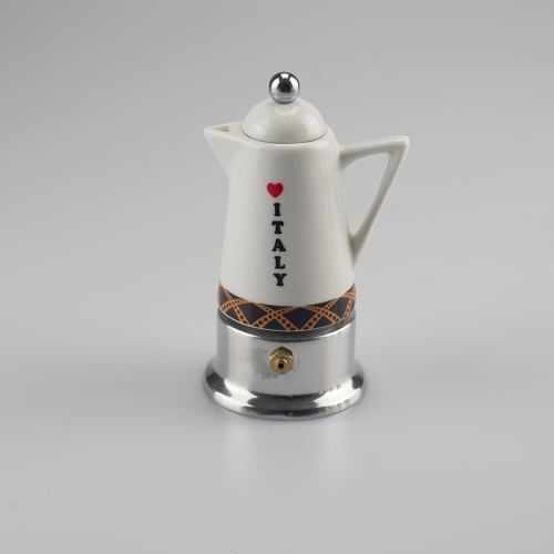G.A.T. stovetop espresso maker in aluminium for one cup – white porcelain top with Love Italy lettering and decorative band with a black-and-gold diamond pattern