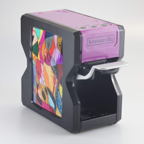 Violette beanarella Nori Kaffeemaschine mit einem farbenprächtigen abstrakten Kunst-Design – ein Blickfang in jeder Küche