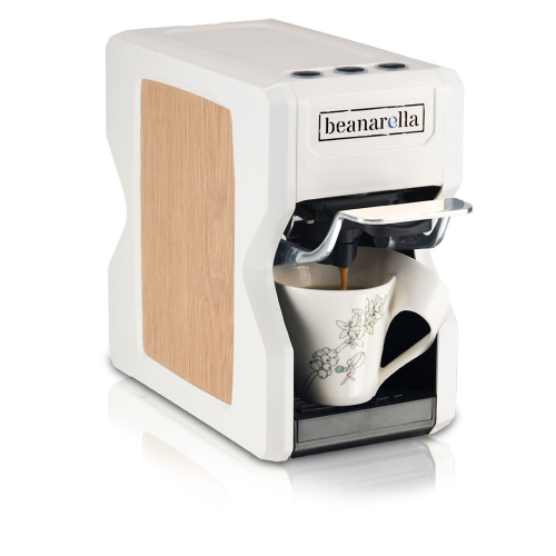 Nori coffee machine in white with wood-look design, eco-friendly for organic fair trade coffee from beanarella.