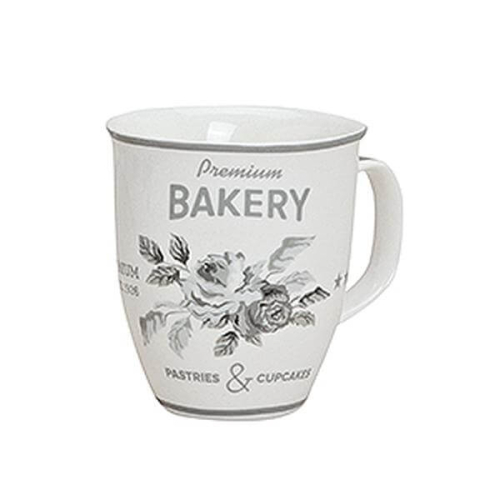 Grande tazza in ceramica bianca con decoro a rose e stampa Premium Bakery, 400ml – ideale per grandi quantità di caffè o tè, elegante e funzionale.