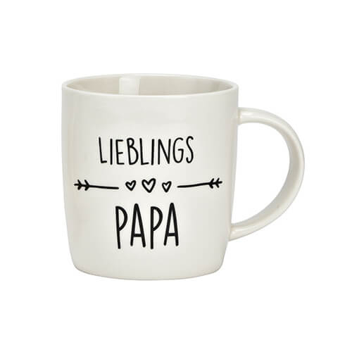 White porcelain mug with "Lieblings Papa" inscription and loving heart motifs, 340ml, ideal as a gift for fathers.