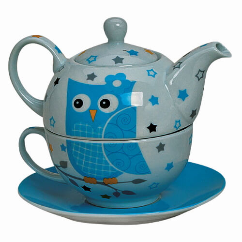 Teekanne Eule - mit Tasse und Untertasse - aus Porzellan - 3-teilig - blau