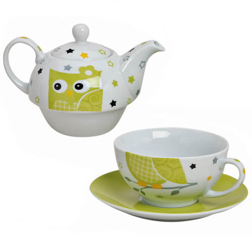 Teekanne Eule - mit Tasse und Untertasse - aus Porzellan - 3-teilig - gruen