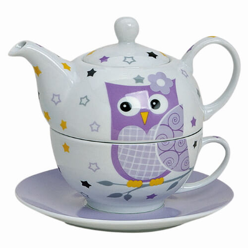 Teekanne Eule - mit Tasse und Untertasse - aus Porzellan - 3-teilig - violett