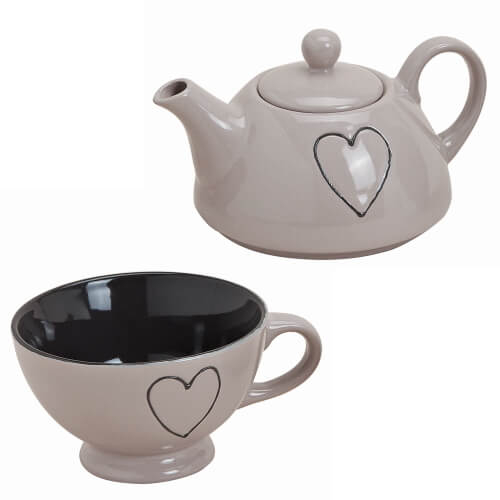 Teekanne Herz Dekoration - mit Tasse - aus Porzellan - 2-teilig - hellbeige