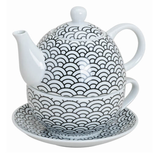 Teekanne Retro - mit Tasse und Untertasse - aus Porzellan - 3-teilig - Muster halbrund